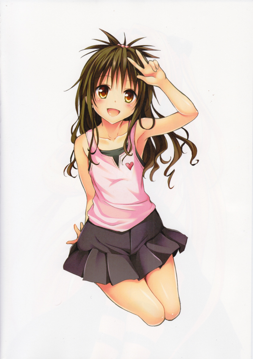 absurdres bare_shoulders blush brown_hair hair_bobbles hair_ornament highres long_hair looking_at_viewer open_mouth scan seiza sitting skirt solo tank_top to_love-ru v yabuki_kentarou yellow_eyes yuuki_mikan