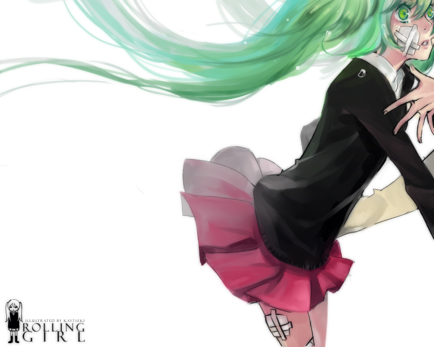 artist_name bandaid english floating_hair green_eyes green_hair hands hatsune_miku kaytseki long_hair out_of_frame rolling_girl_(vocaloid) school_uniform skirt solo surprised tears twintails vocaloid wallpaper white_background wind