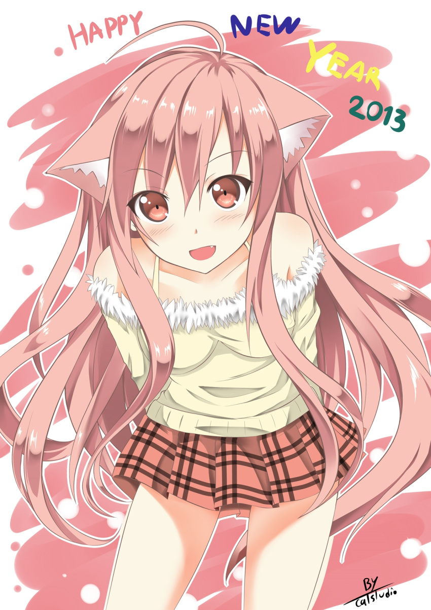 2013 animal_ears arms_behind_back bare_shoulders bent_over blush cat_ears catstudio_(artist) checkered checkered_skirt fang happy_new_year highres long_hair looking_at_viewer open_mouth original pink_eyes pink_hair puni_(miku_plus) shirt skirt smile solo very_long_hair