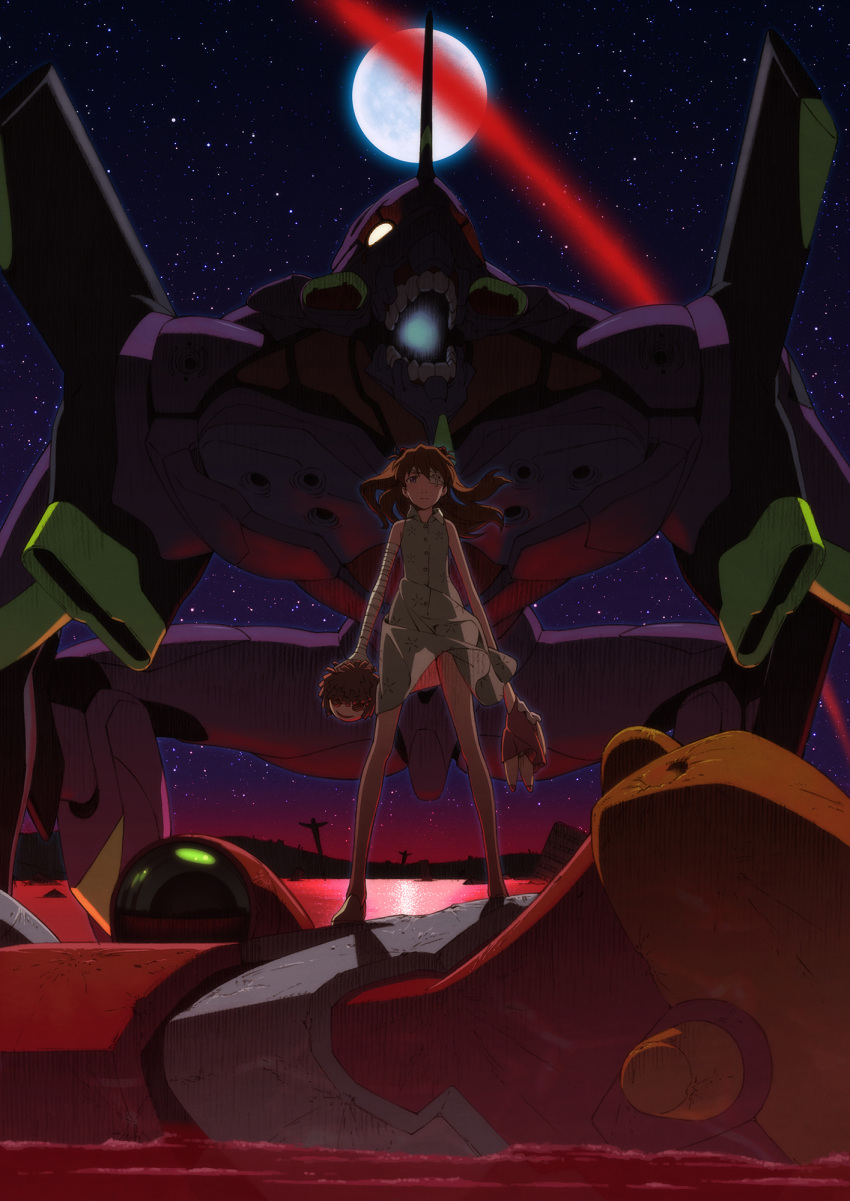 brown_hair doll dress end_of_evangelion eva_01 eva_02 eyepatch glowing glowing_eye highres mecha moon neon_genesis_evangelion night night_sky rebuild_of_evangelion shikinami_asuka_langley shiwasu_takashi sky soryu_asuka_langley souryuu_asuka_langley star_(sky) water