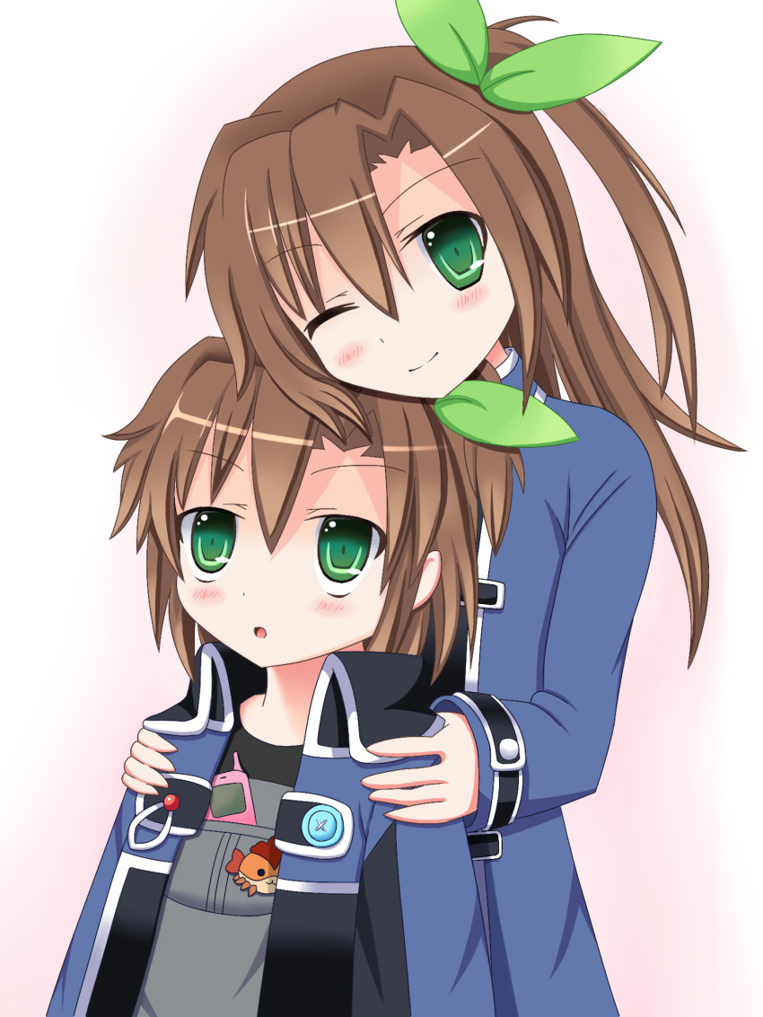 :o blush bow brown_hair cellphone child choujigen_game_neptune dual_persona ears green_eyes hair_bow hair_ornament head_rest highres if_(choujigen_game_neptune) kami_jigen_game_neptune_v long_hair looking_at_viewer multiple_girls open_mouth phone short_hair smile whitey wink