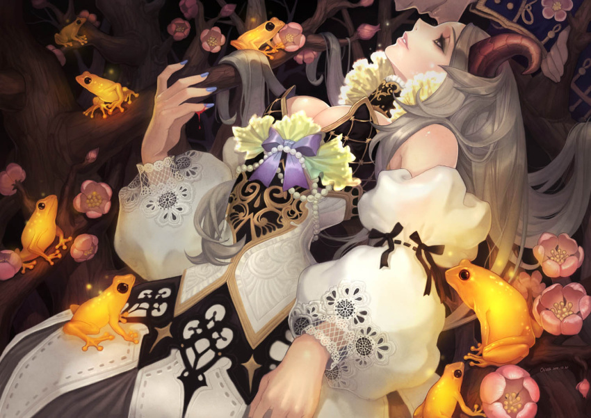 1girl breasts copyright_request demon detached_sleeves dress flower frog glowing grey_hair horns lipstick long_hair makeup nail_polish olivia_(yh) profile