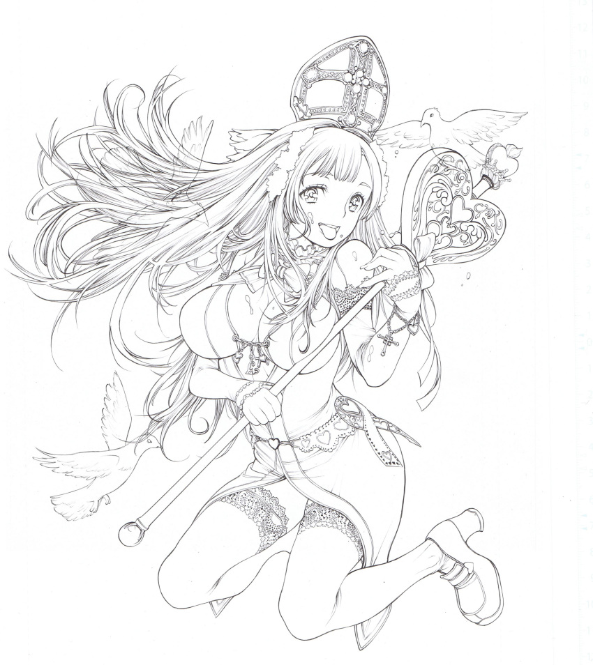 absurdres bird bow bracelet breasts choker cleavage cross dress hat high_heels highres jewelry large_breasts lineart long_hair monochrome open_mouth original shoes staff temutemutemu thigh-highs thighhighs tongue