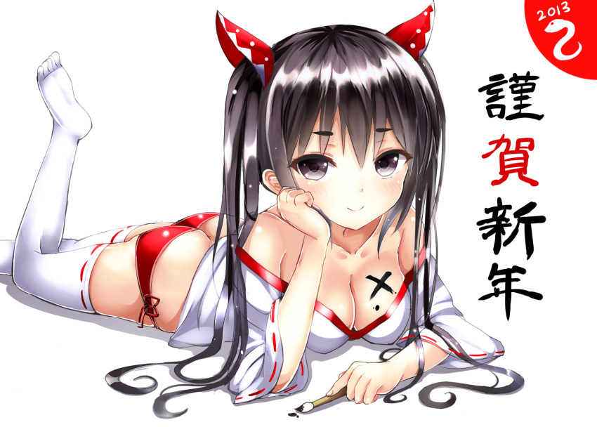 2013 bare_shoulders black_eyes black_hair blush breasts cleavage collarbone feet hand_on_chin highres japanese_clothes long_hair looking_at_viewer lying miko morerin new_year no_shoes on_stomach original panties red_panties side-tie_panties smile solo thigh-highs thighhighs translated twintails underwear white_background white_legwear