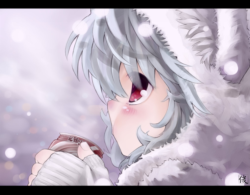 animal_costume animal_ears blush bust cat_costume cat_ears face fingerless_gloves gloves hat hat_with_ears highres kemonomimi_mode letterboxed profile red_eyes remilia_scarlet short_hair shunsuke sitting snowing soda_can solo touhou