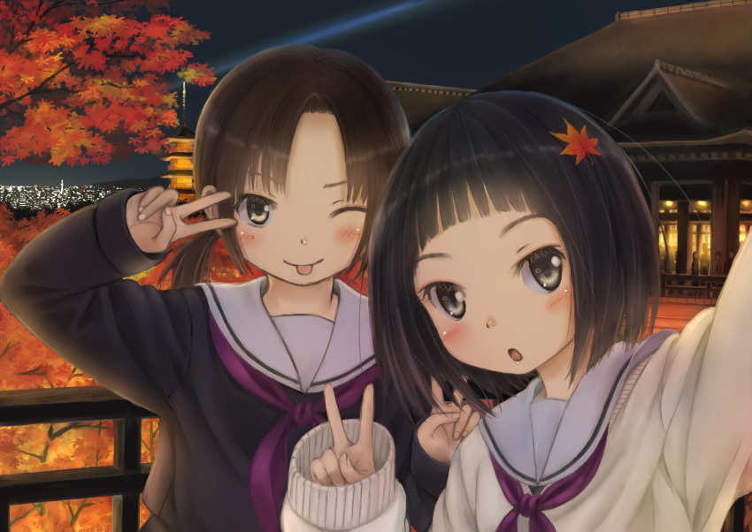 :p black_hair blush brown_eyes cityscape hair_ornament highres leaf leaf_on_head multiple_girls original photo_(object) school_uniform serafuku short_hair sleeves_past_wrists smile taka_(tsmix) taking_picture tongue tongue_out v wink
