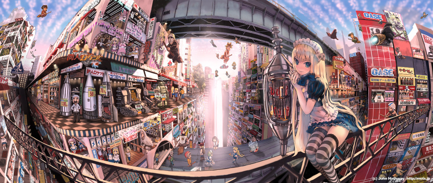 blue_eyes bow broom broom_riding city cityscape cloud clouds crossed_arms doll dress fisheye highres john_hathway long_hair maid mask multiple_boys multiple_girls original rocket sale scenery sign sky stockings striped striped_legwear thigh-highs thighhighs