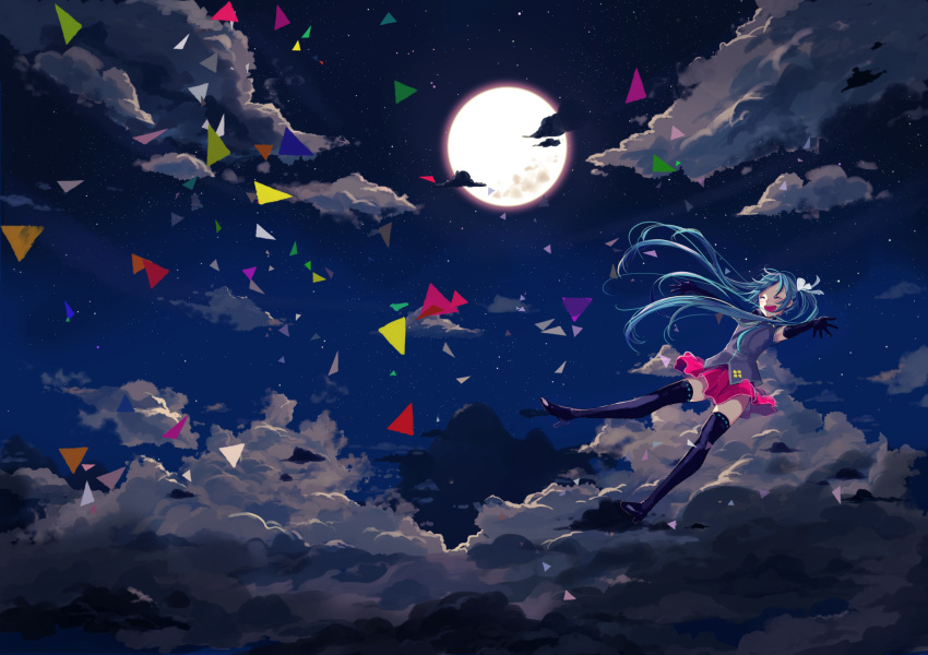 aqua_hair closed_eyes cloud clouds elbow_gloves eyes_closed full full_moon gloves hatsune_miku highres long_hair moon night night_sky open_mouth outstretched_arms skirt sky solo spread_arms star_(sky) starry_sky thigh-highs thighhighs triangle twintails very_long_hair vient vocaloid