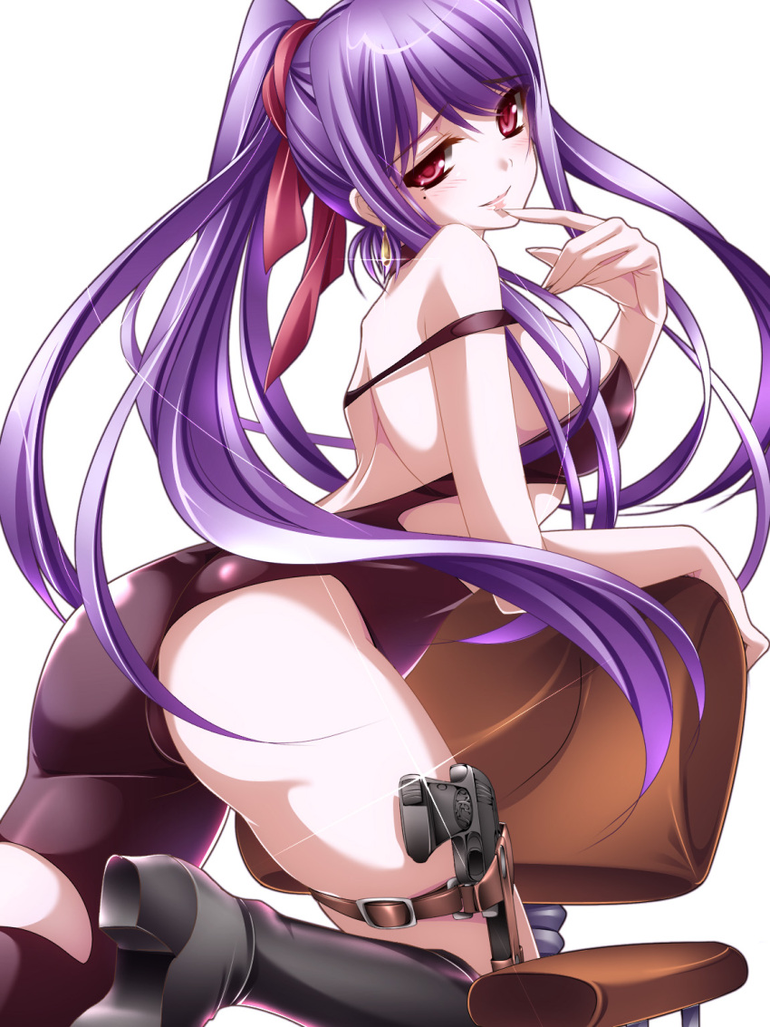 asymmetrical_clothes bare_shoulders blush boots breasts chair earrings finger_to_mouth from_behind gun hair_ribbon highres jewelry kneeling long_hair looking_at_viewer looking_back mole moneti_(daifuku) open_mouth original pantyhose pistol ponytail purple_hair red_eyes ribbon weapon