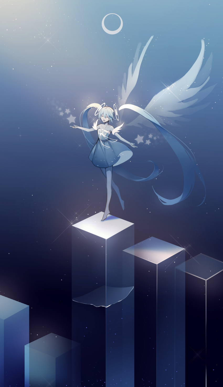 1girl absurdly_long_hair absurdres blue_dress blue_hair bow closed_eyes commentary detached_hair dress hair_ornament hatsune_miku highres kazenemuri long_hair moon night night_sky open_mouth outstretched_arms pillar sky sleeveless sleeveless_dress smile solo standing star star_(sky) starry_sky strapless strapless_dress twintails very_long_hair vocaloid wide_shot wings