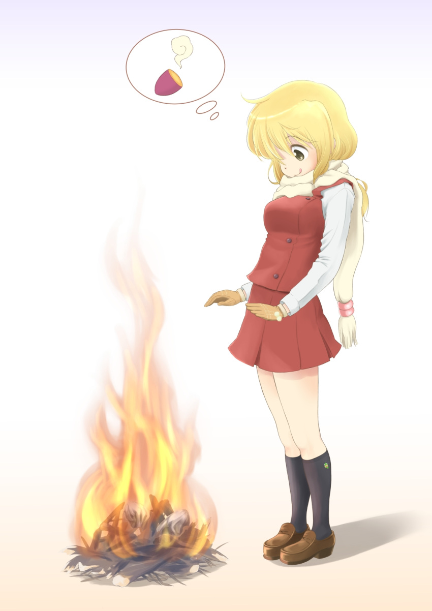 blonde_hair fire hidamari_sketch highres miyako scarf school_uniform skirt smile solo ume-sensei wa_(genryusui)