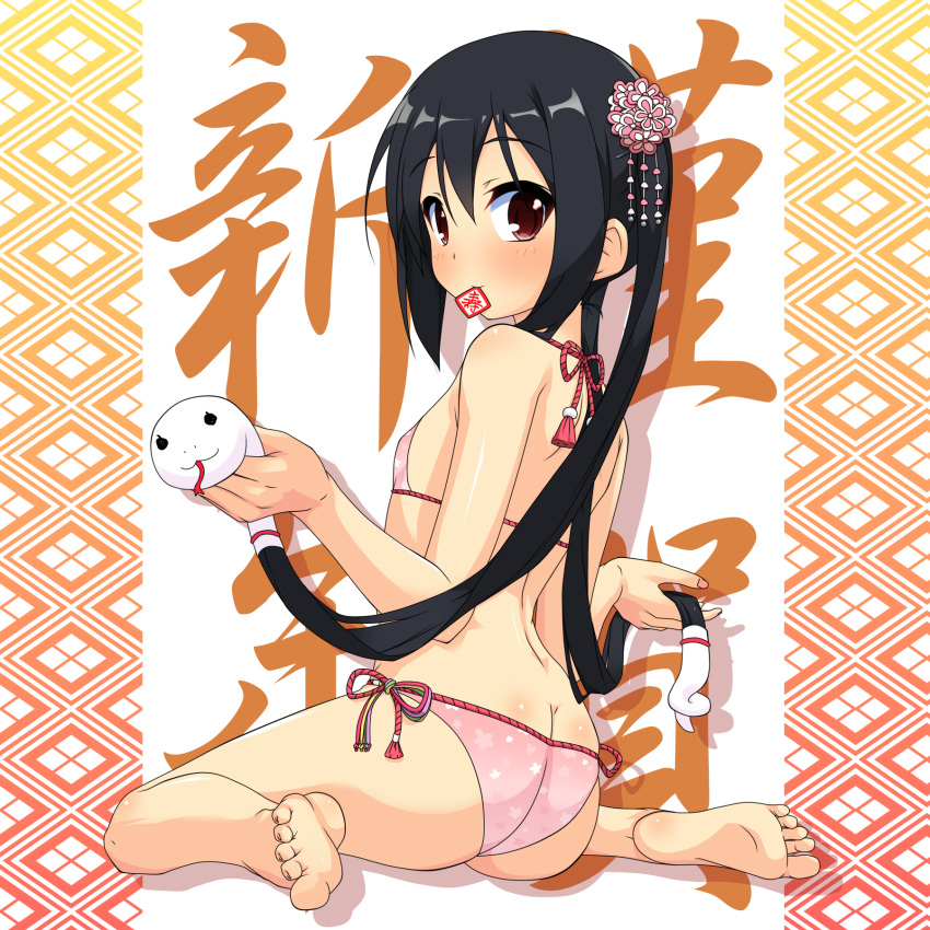 ass barefoot bikini black_hair blush brown_eyes butt_crack feet flat_chest hair_ornament highres k-on! k10k long_hair looking_at_viewer looking_back mouth_hold nakano_azusa side-tie_bikini sitting soles solo swimsuit toes twintails very_long_hair wariza