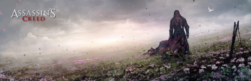 artist_name assassin's_creed assassin's_creed bird chain chains chaoyuan_xu cloud clouds flower_field from_behind highres hood leaf pauldrons petals planted_sword planted_weapon sash sky solo sword title_drop vambraces weapon