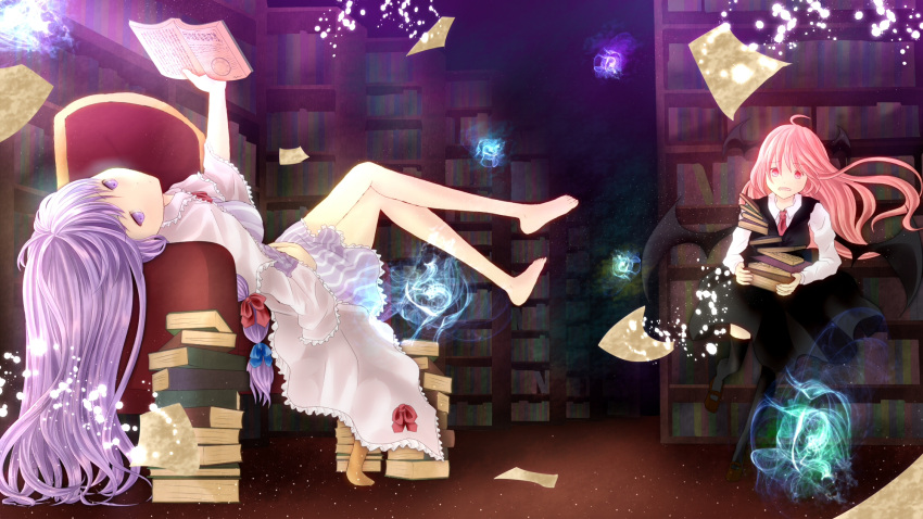 arm_up bare_legs barefoot bat_wings black_dress black_legwear book book_stack bookshelf capelet carrying cubit dress flying_paper hair_ribbon hand_on_stomach head_wings highres holding_up koakuma library lights long_hair long_sleeves looking_at_viewer lying magic multiple_girls necktie no_hat no_headwear on_back open_clothes open_coat open_mouth paper patchouli_knowledge purple_dress purple_eyes purple_hair red_dress red_eyes ribbon striped striped_dress thigh-highs thighhighs touhou tress_ribbon violet_eyes wings zettai_ryouiki