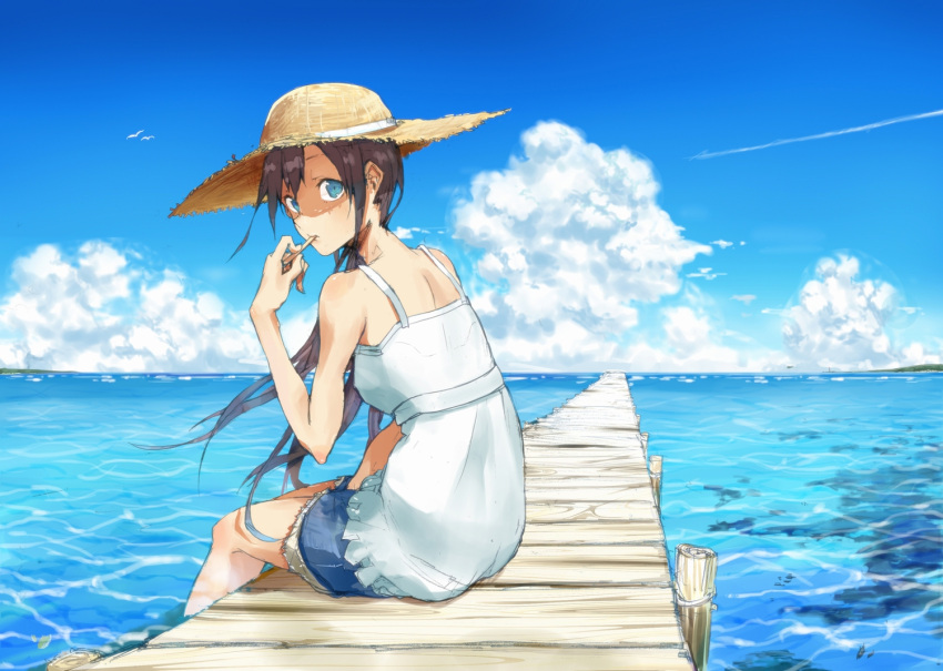 bare_shoulders bird blue blue_eyes brown_hair cloud clouds condensation_trail contrail from_behind hat horizon long_hair looking_at_viewer looking_back mouth_hold ocean original pier shorts sitting sky soaking_feet solo straw_hat taxi_(owp)