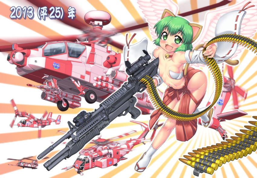 2013 :3 ammunition_belt animal_ears bare_legs bare_shoulders bell bell_collar bullet cat_ears cat_tail collar detached_sleeves fang green_eyes green_hair gun hase_yu helicopter itasha m60 missile nontraditional_miko open_mouth original rifle short_hair shotgun smile solo spas-12 tail weapon wings