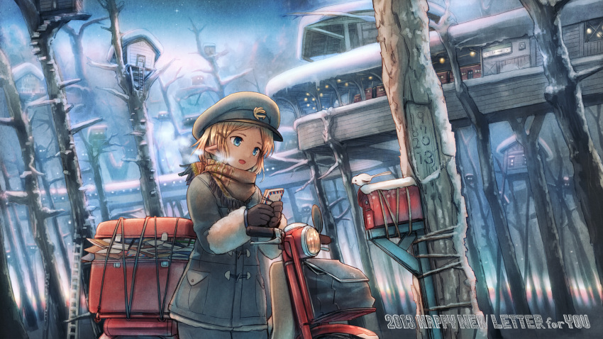 2013 bird blonde_hair blue_eyes breath coat elf happy_new_year hat highres holding kurobuta_gekkan letter mailbox mittens motor_vehicle motorcycle new_year night night_sky open_mouth original pointy_ears scarf short_hair sky snow solo star_(sky) treehouse vehicle wallpaper