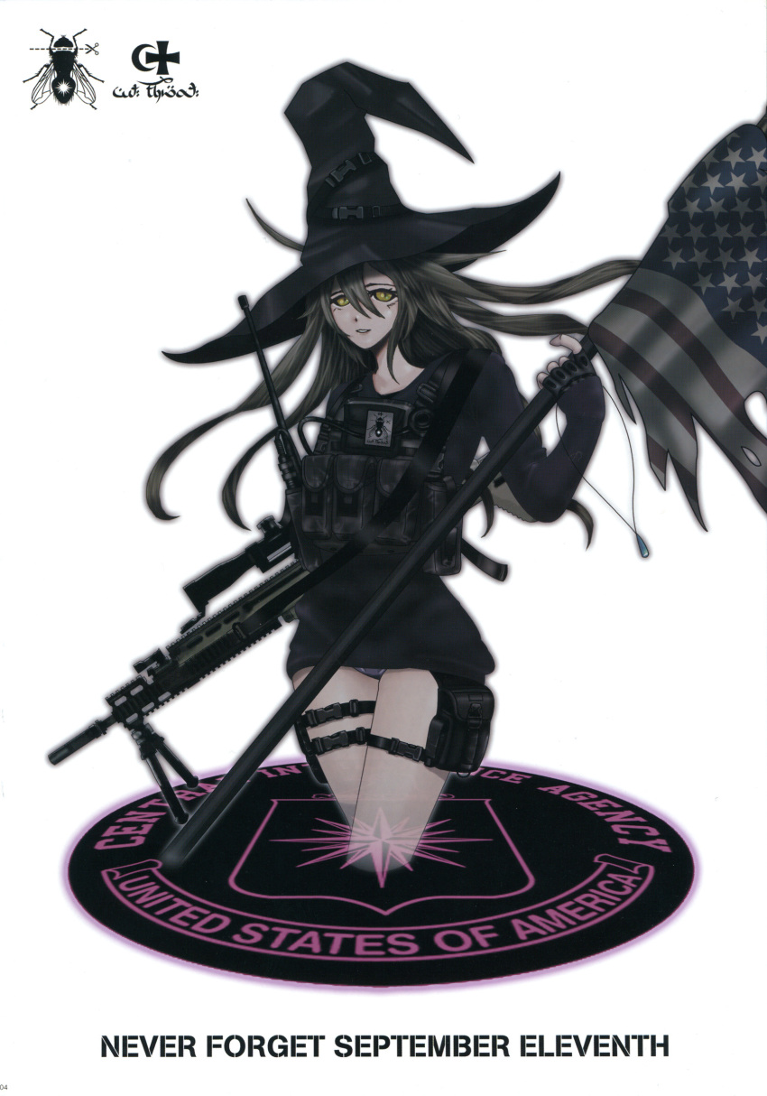 absurdres american_flag bee bipod cross fingerless_gloves flag fujiwara gloves gun hat hex highres jewelry jormungand load_bearing_vest long_hair moon necklace panties radio_antenna rifle shield simple_background sniper_rifle solo star underwear weapon white_background witch_hat yellow_eyes