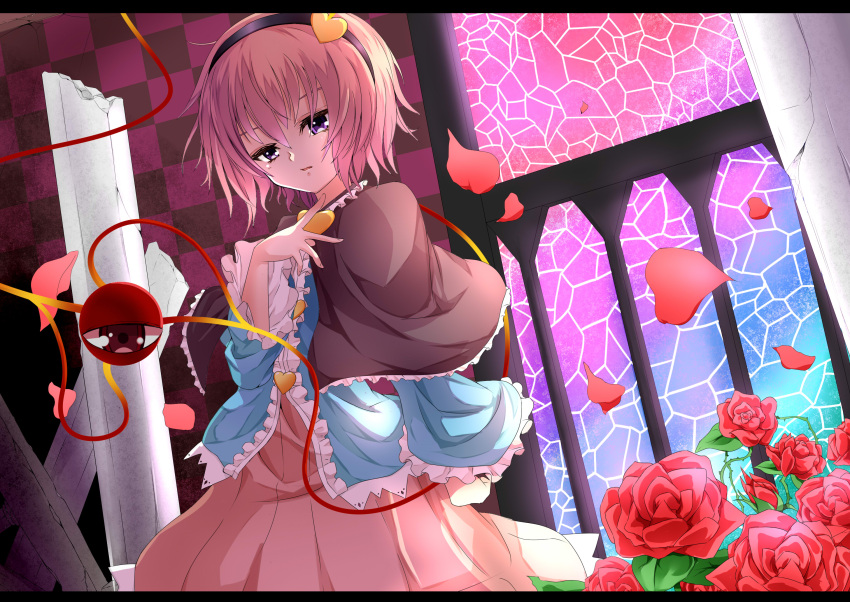 abara_(artist) blouse cape checkered checkered_background dress flower hand_on_own_chest headband heart highres komeiji_satori letterboxed long_sleeves petals pink_hair purple_eyes rose ruins short_hair solo stained_glass third_eye third_eyes touhou violet_eyes wide_sleeves
