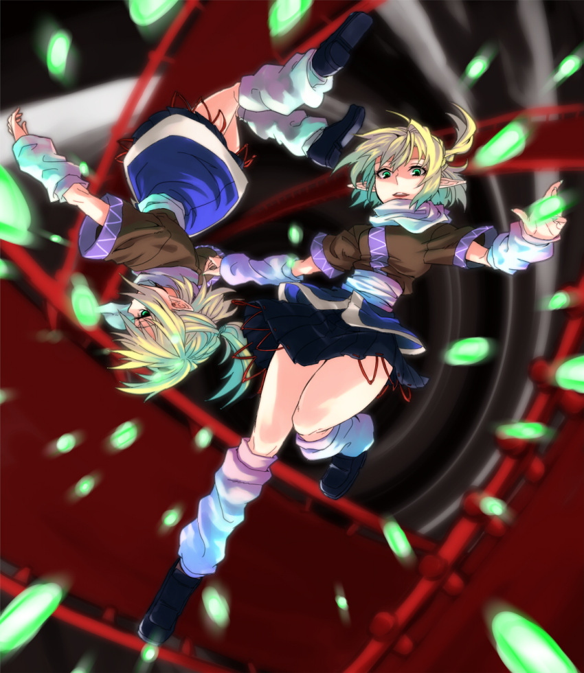 arm_warmers blonde_hair danmaku dual_persona green_eyes highres hinomoto_madoka leg_warmers mizuhashi_parsee multiple_girls open_mouth outstretched_arms pointy_ears ponytail sash scarf shirt short_hair short_sleeves skirt solo touhou upside-down