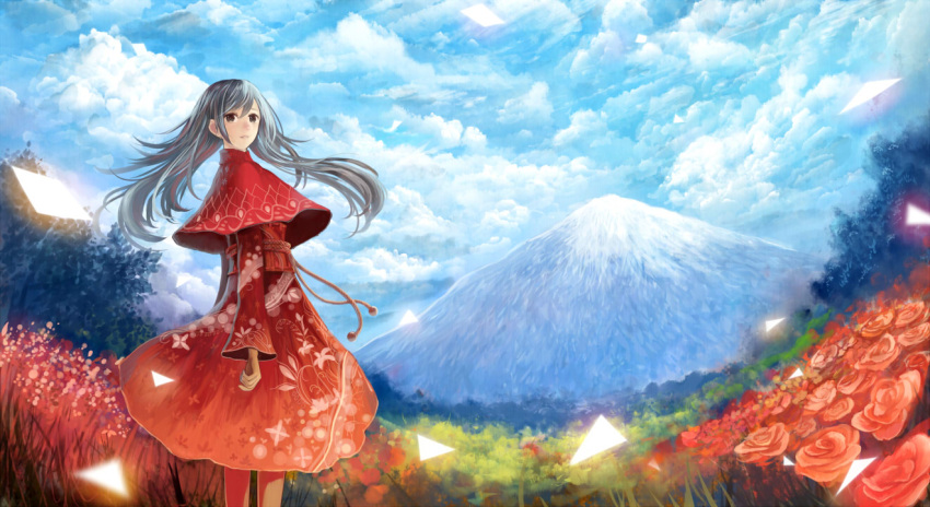 bou_nin capelet cloud clouds flower grey_eyes grey_hair long_hair looking_back mountain original rose scenery skirt sky smile solo tree