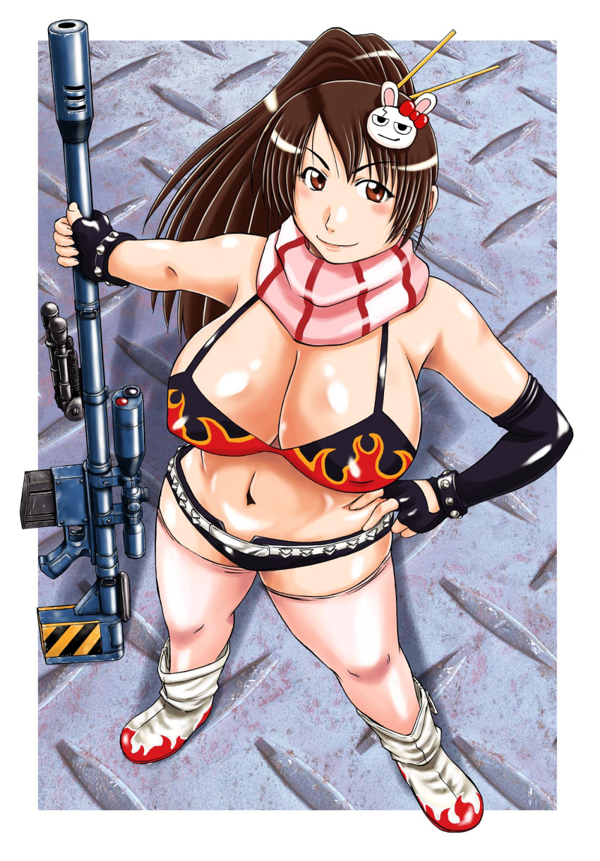 1girl anti-materiel_rifle bikini_top boots breasts brown_eyes brown_hair bunny_hair_ornament character_request chopsticks cleavage cosplay fingerless_gloves flame_print gloves gun hand_on_hip highres huge_breasts konbini_dmz_plus! long_hair midriff navel pink_legwear ponytail rifle sao_satoru scarf short_shorts shorts single_elbow_glove single_glove sniper_rifle solo tengen_toppa_gurren_lagann thigh-highs thighhighs weapon yoko_littner_(cosplay)