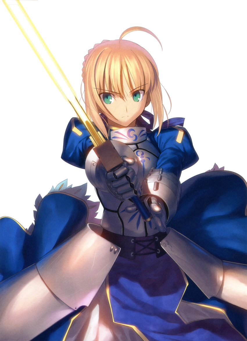 absurdres ahoge armor armored_dress artbook blonde_hair braid breastplate excalibur fate/stay_night fate_(series) fighting_stance french_braid gauntlets green_eyes hair_bun highres saber scan short_hair solo takeuchi_takashi type-moon