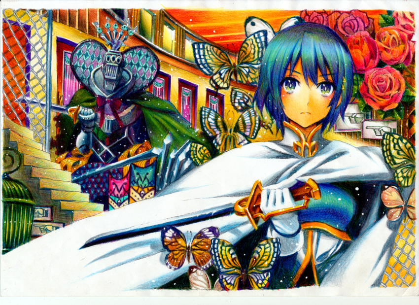 armor blue_eyes blue_hair butterfly cape colored_pencil_(medium) door dual_persona fence flower gloves hair_ornament hairclip magical_girl mahou_shoujo_madoka_magica mermaid miki_sayaka monster_girl nobita oktavia_von_seckendorff rose short_hair spoilers stairs sword traditional_media weapon witch's_labyrinth witch's_labyrinth witch_labyrinth