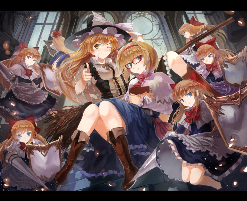 ;) alice_margatroid bespectacled blonde_hair blue_eyes book boots bow braid capelet dress glasses hair_bow hairband hat hat_bow kirisame_marisa lance letterboxed long_hair multiple_girls polearm shanghai shanghai_doll shield short_hair single_braid touhou ultimate_asuka weapon wink witch_hat yellow_eyes