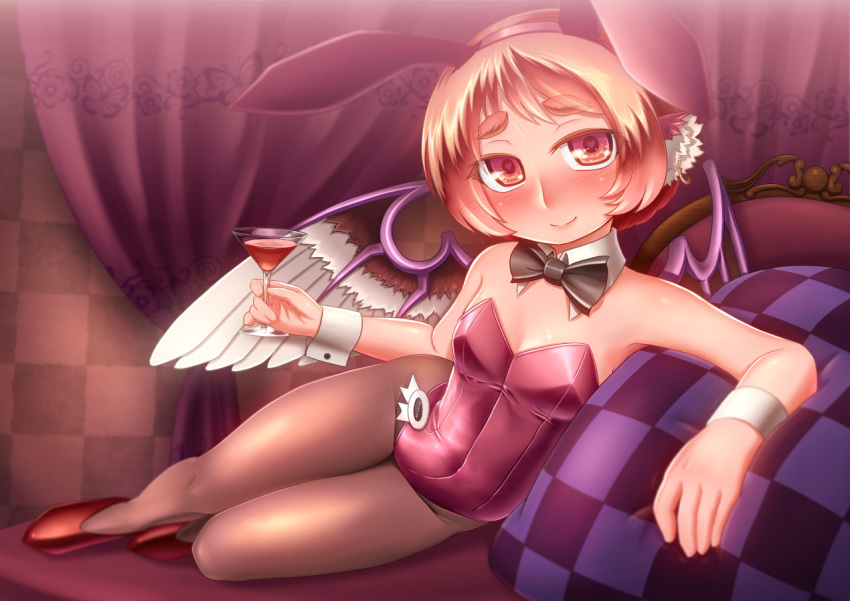 animal_ears bare_shoulders black_legwear blush bowtie bunny_ears bunnysuit checkered checkered_background cup curtains detached_collar earrings eyebrows fake_animal_ears heart heart-shaped_pupils jewelry martini_glass mystia_lorelei on_side pantyhose pillow rabbit_ears red_eyes red_hair redhead short_hair smile solo symbol-shaped_pupils thick_eyebrows tora_(trampjing) touhou wine wine_glass wings wrist_cuffs