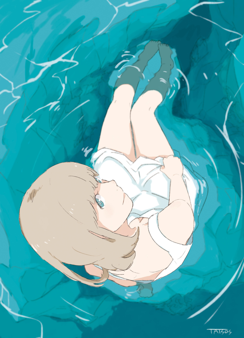 aqua arm_support bare_shoulders barefoot blonde_hair blue_eyes down_blouse dress feet_in_water from_above highres looking_up original rock signature sitting soaking_feet solo sundress taisos water white_dress