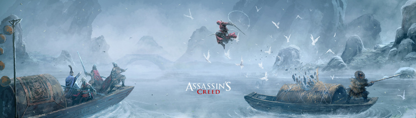 artist_name assassin's_creed assassin's_creed bird boat cape chain chaoyuan_xu chinese_clothes dated greaves hat helm helmet highres hood leaping multiple_boys paddle pauldrons pointing polearm rock short_hair spear straw_hat sword title_drop water weapon