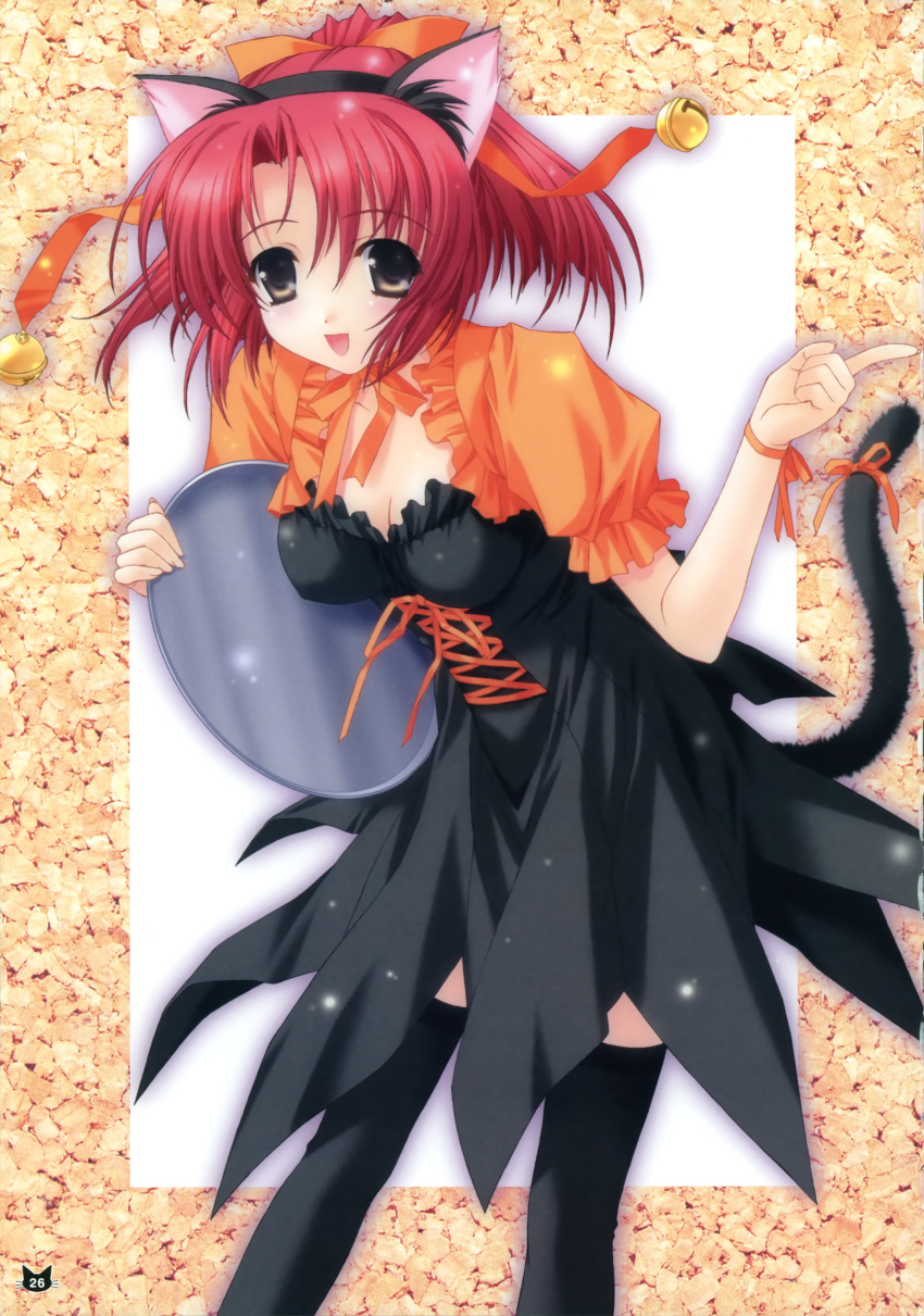 absurdres animal_ears black_legwear breasts cat cat_ears cat_tail cleavage copyright_request dress highres kemonomimi kimizuka_aoi nekomimi ponytail red_hair redhead tail thigh-highs thighhighs tray waitress yellow_eyes