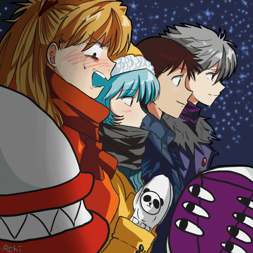 2girls angel_(evangelion) ayanami_rei blue_hair brown_hair chzhthddl08 coat grey_hair group_profile hat highres ikari_shinji lilith_(evangelion) lineup mass_production_eva mittens multiple_boys multiple_girls nagisa_kaworu neon_genesis_evangelion orange_hair profile scarf smile souryuu_asuka_langley surprised winter_clothes