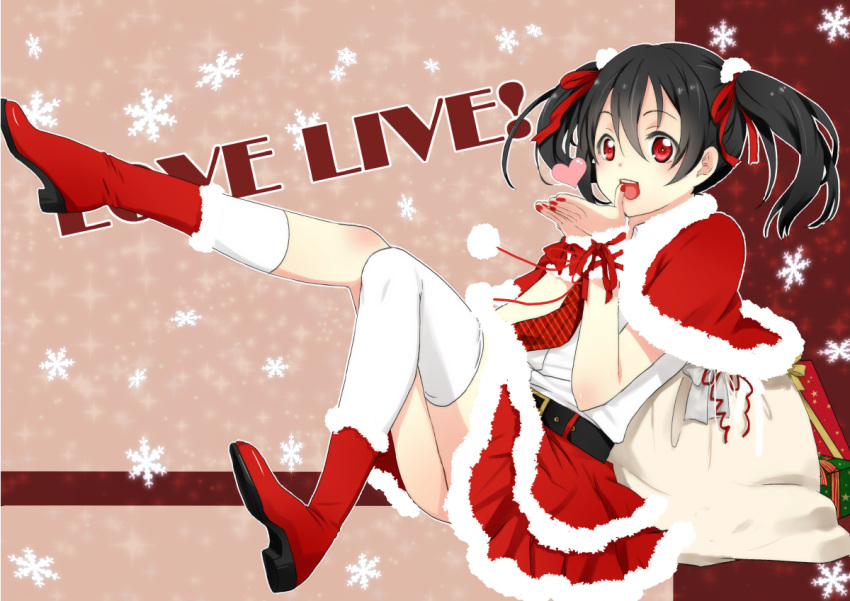 belt black_hair blush boots capelet christmas gift love_live!_school_idol_project milk_w1022 open_mouth red_eyes sack santa_costume short_hair skirt smile solo thigh-highs thighhighs twintails white_legwear yazawa_nico