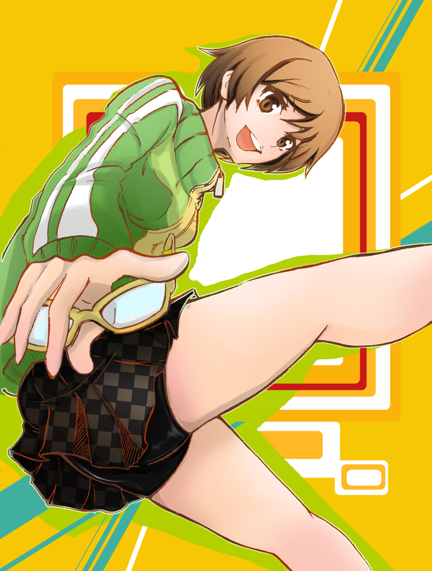 ass bare_legs bike_shorts brown_eyes brown_hair checkered checkered_skirt glasses highres holding holding_glasses looking_at_viewer mairu_dou persona persona_4 pointing pointing_at_viewer satonaka_chie short_hair shorts_under_skirt skirt solo track_jacket unmoving_pattern zipper