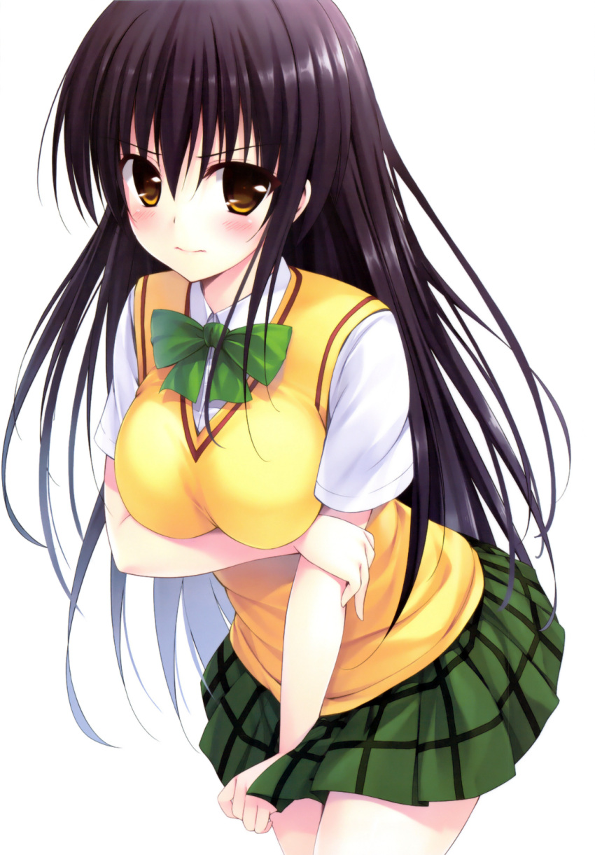 artist_request black_hair blush breast_hold breasts brown_eyes highres kotegawa_yui large_breasts long_hair plaid plaid_skirt pleated_skirt school_uniform simple_background skirt skirt_tug solo sweater_vest to_love-ru to_love-ru_darkness vest white_background