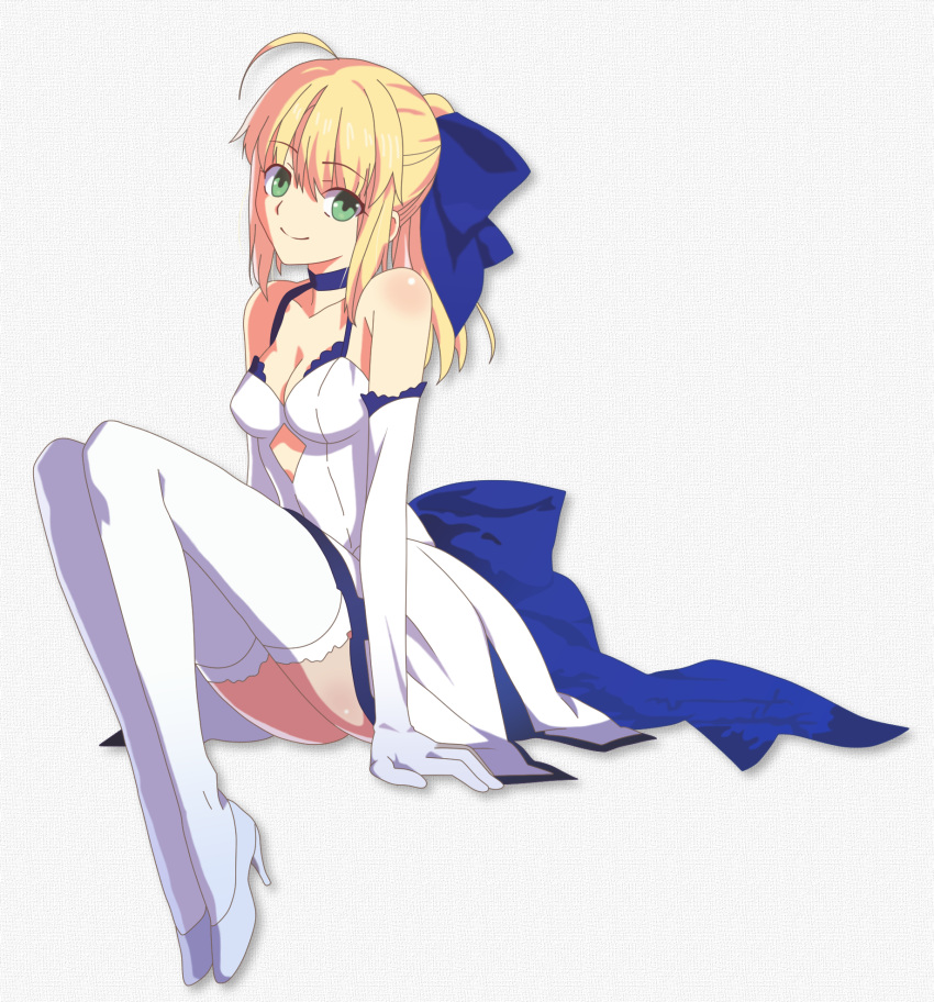 adapted_costume ahoge asaka_(asa_net21) bare_shoulders blonde_hair bow breasts choker cleavage dress elbow_gloves fate/stay_night fate/unlimited_blade_works fate/unlimited_codes fate_(series) gloves green_eyes hair_bow high_heels highres knees_together_feet_together long_hair ponytail saber saber_lily shoes sitting smile solo thigh-highs thighhighs white_dress white_gloves white_legwear