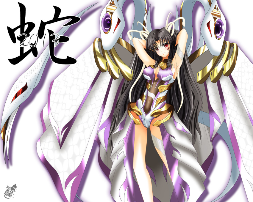1girl 2013 adosan armpits bare_legs black_hair breasts cleavage faulds hands_in_hair highres large_breasts leotard long_hair new_year red_eyes smile snake snake_hair very_long_hair