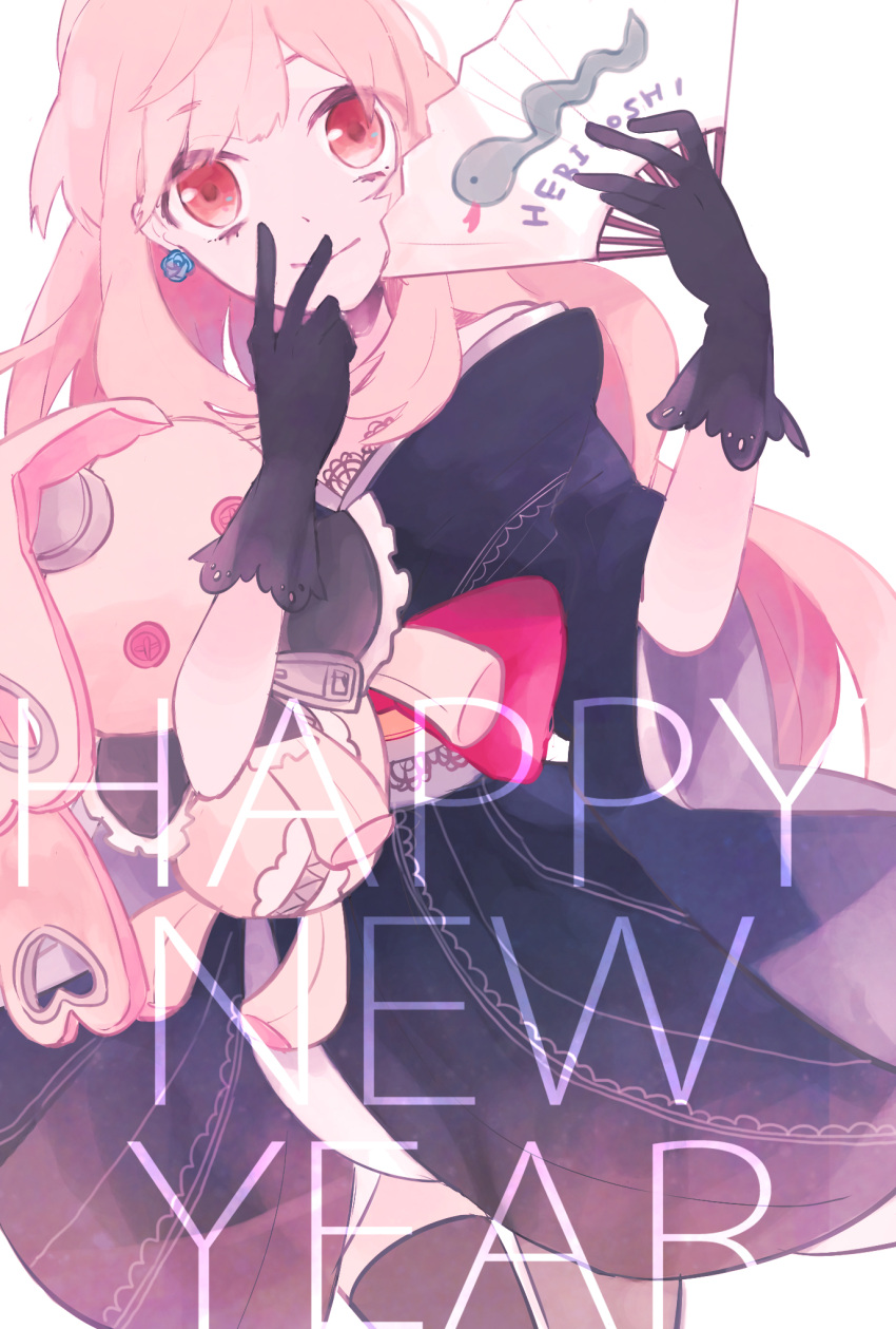 earrings fan gloves gomi_chiri happy_new_year highres jewelry mayu_(vocaloid) new_year red_eyes snake solo translated v vocaloid