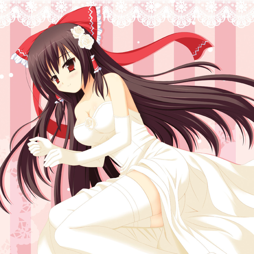 1girl bare_shoulders bow breasts brown_hair dress elbow_gloves flower gloves hair_bow hair_flower hair_ornament hair_tubes hakurei_reimu highres kom_(1323736) large_breasts legs long_hair red_eyes smile solo thigh-highs thighhighs thighs touhou wedding_dress white_legwear