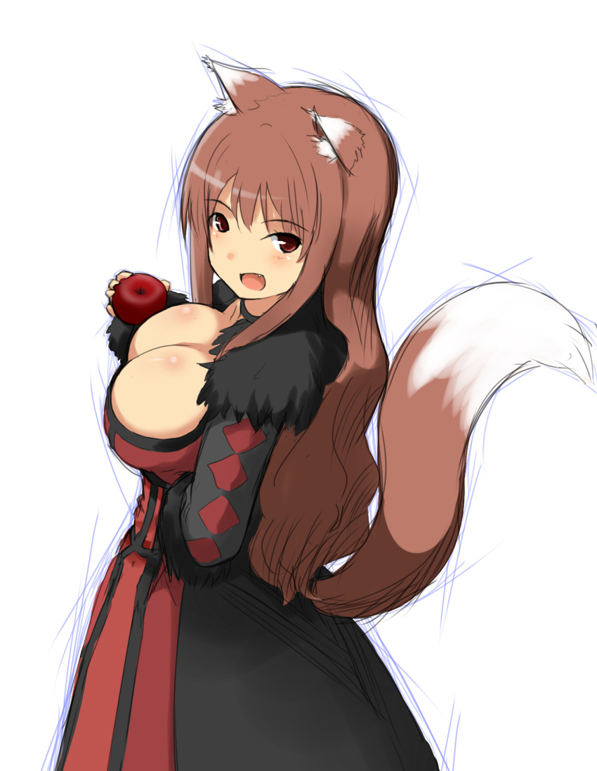 1girl animal_ears apple artist_request breasts cosplay fang food fruit highres holo hu_sea koshimizu_ami large_breasts long_hair maou_(maoyuu) maou_(maoyuu)_(cosplay) maoyuu_maou_yuusha open_mouth seiyuu_connection spice_and_wolf tail wolf_ears wolf_tail