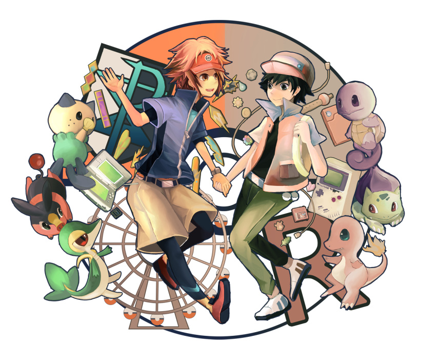 2boys artice baseball_cap bulbasaur charmander hat kyouhei_(pokemon) multiple_boys oshawott pokemon pokemon_(game) pokemon_bw2 pokemon_rgby red_(pokemon) red_(pokemon)_(classic) snivy squirtle tepig visor_cap