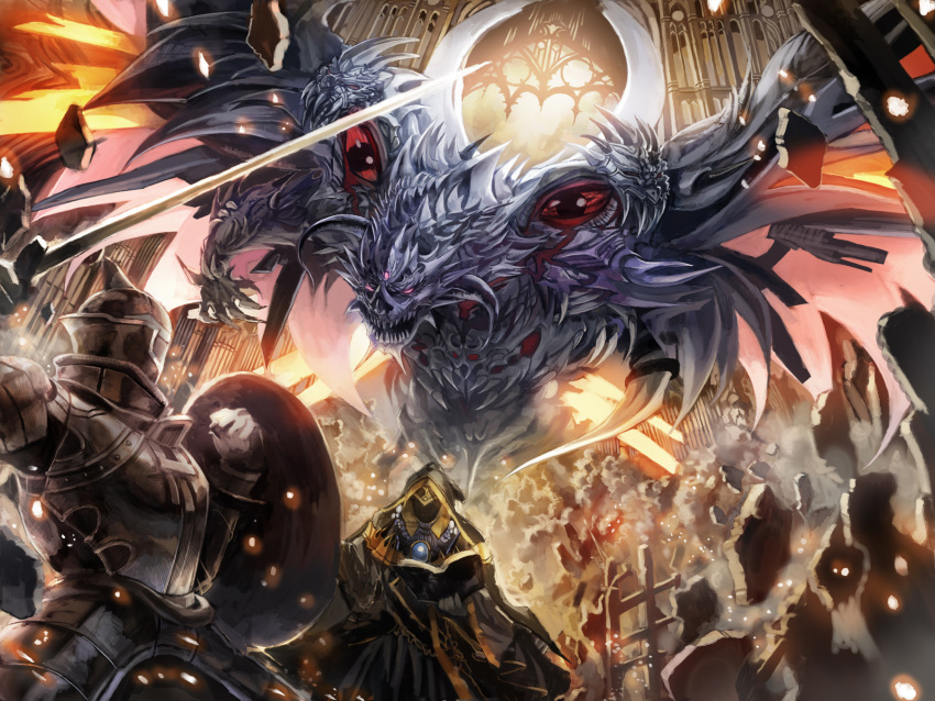 book demon fighting helmet highres horns knight mage monster original shield sword ultimate_asuka weapon