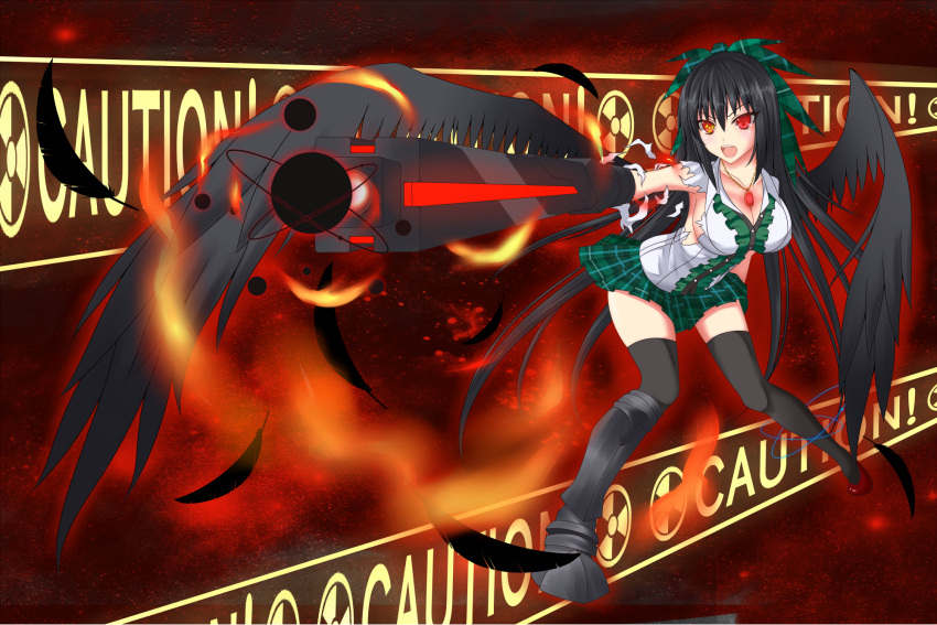 alternate_weapon arm_cannon black_hair black_sun black_wings bow breasts caution cleavage energy_ball gmot hair_ribbon highres large_breasts long_hair mismatched_legwear no_bra plaid plaid_skirt pleated_skirt radiation_symbol red_eyes reiuji_utsuho ribbon sideboob skirt solo sun symbol-shaped_pupils thigh-highs thighhighs third_eye torn_clothes torn_shirt touhou very_long_hair weapon wings