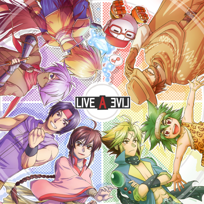 1girl 6+boys :d =_= back bandage bandages bare_shoulders baseball_cap beard blonde_hair blue_eyes braid brown_eyes brown_hair cape circle_formation collarbone cowboy_hat crossed_arms cube_(live_a_live) elbow_pads facial_hair feathers fighting_stance fingerless_gloves glasses gloves grin hat headband hidden_eyes highres hoodie katana kitsune_jirou lavender_hair lei_kugo light_particles live_a_live long_hair multicolored_hair multiple_boys musical_note ninja oboro-maru_(live_a_live) oersted open_mouth outstretched_arms pauldrons pogo_(live_a_live) polka_dot purple_hair reverse_grip robot roller_skates scar scarf skates sleeveless smile spread_arms sundown_kid sword tadokoro_akira takahara_masaru two-tone_hair vambraces weapon wide_sleeves wings wristband