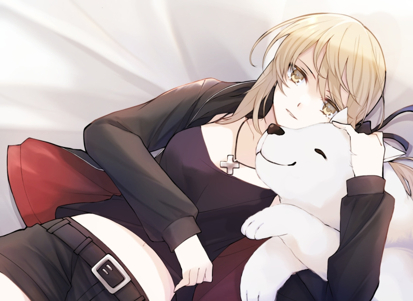 1girl artoria_pendragon_(fate) bangs bed_sheet belt belt_buckle black_belt black_bow black_jacket black_shirt black_shorts blonde_hair bow breasts buckle collarbone dog eyebrows_visible_through_hair fate/stay_night fate_(series) hair_between_eyes hair_bow jacket jewelry long_hair long_sleeves lying maru_(pixiv51714255) midriff navel necklace on_back open_clothes open_jacket parted_lips ponytail saber_alter shirt short_shorts shorts small_breasts solo stomach yellow_eyes