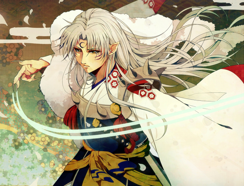 1boy armor claws crescent_moon egasumi facial_mark fingernails floating_hair floral_background forehead_mark hexagon inuyasha japanese_clothes katana kimono long_fingernails long_hair male moon pointy_ears sesshoumaru silver_hair solo sword tukinomiti0202 weapon yellow_eyes