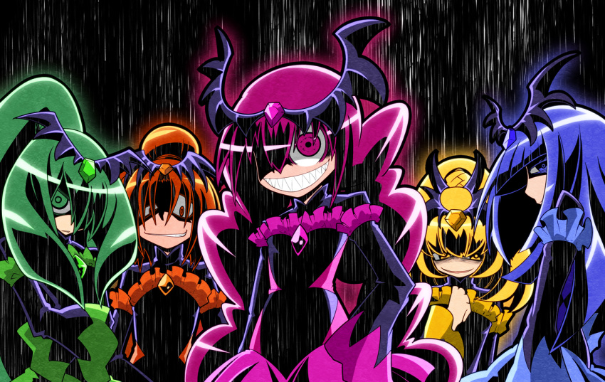 2215 5girls bad_end_beauty bad_end_happy bad_end_march bad_end_peace bad_end_precure bad_end_sunny blonde_hair blue_eyes blue_hair crazy_eyes dark_persona evil_grin evil_smile green_eyes green_hair grin hair_over_one_eye hand_on_hip long_hair looking_at_viewer magical_girl multiple_girls orange_eyes orange_hair pink_eyes pink_hair ponytail precure rain ringed_eyes shaded_face sharp_teeth short_hair smile smile_precure! tiara twintails yellow_eyes
