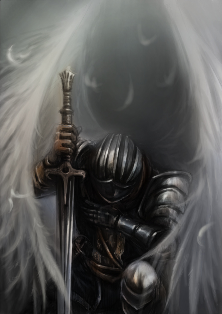 angel_wings armor dark_souls feathers full_armor gauntlets gloves helmet highres kneeling knight knight_of_astora_oscar solo sword weapon wings